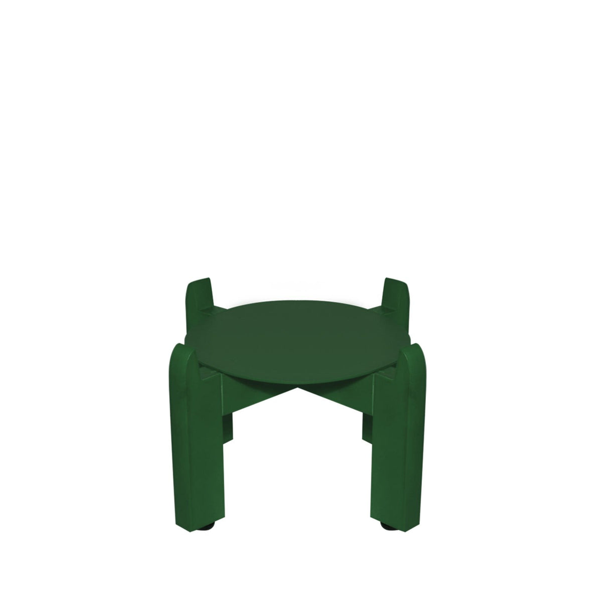 A compact, modern Crock Water Dispenser Wood Stand in green, measuring 8 inches and designed for space efficiency, features four sturdy, angled legs supporting a round top, all set against a plain white background.