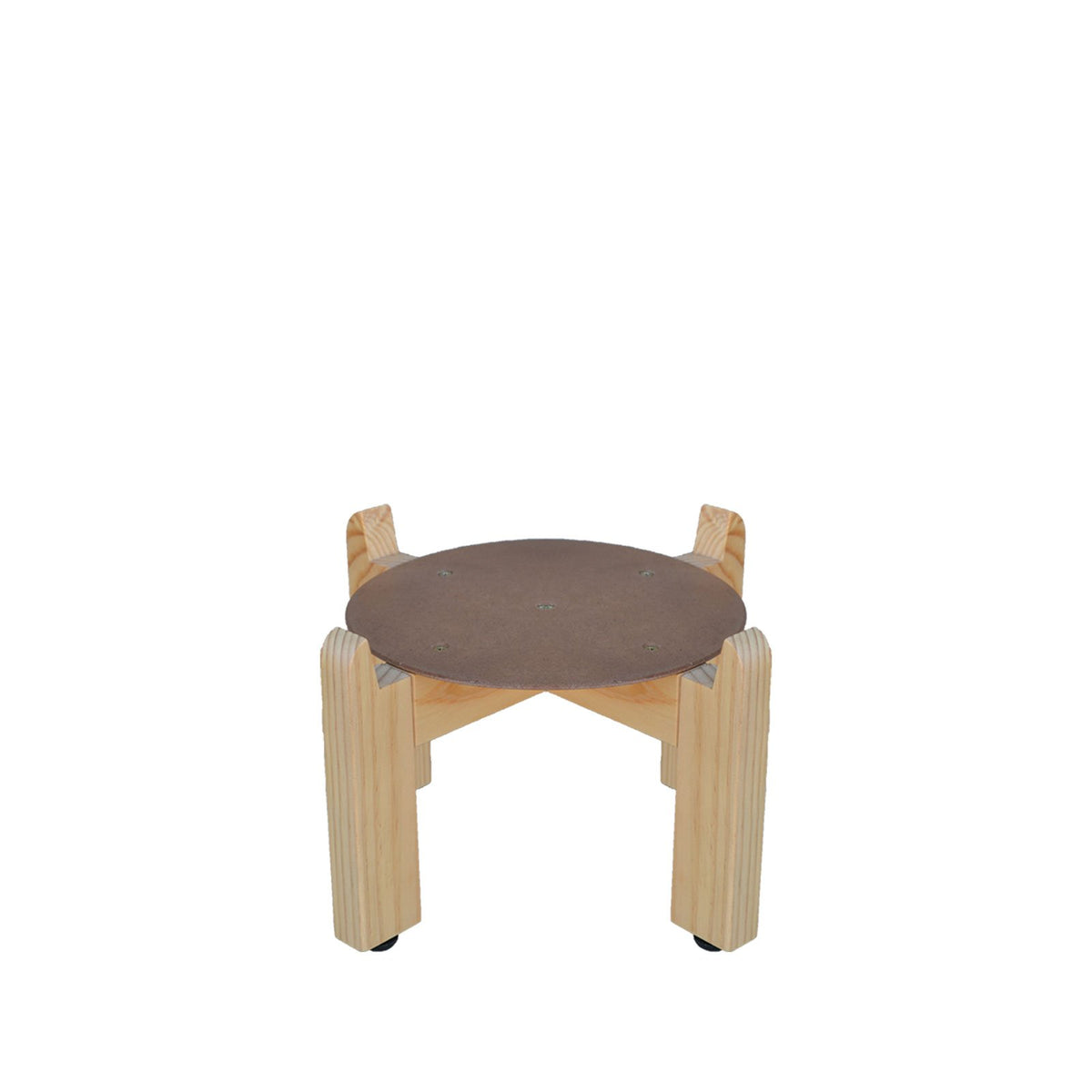 A compact, round wooden stand with four sturdy legs and a dark brown finish, crafted from solid wood, designed as the Crock Water Dispenser Wood Stand 8″ in assorted colors, and presented on a plain white background.
