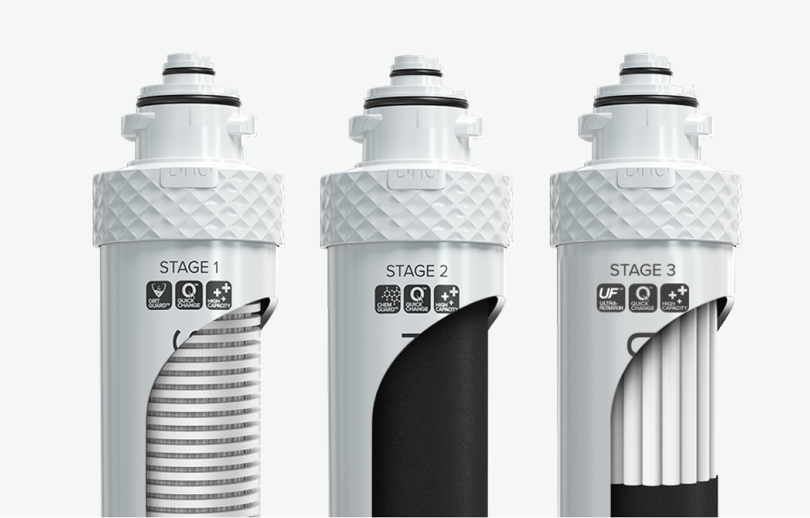 Close-up of three Brio water filtration cartridges labeled Stage 1, Stage 2, and Stage 3, showing cutaway views of internal filter layers.