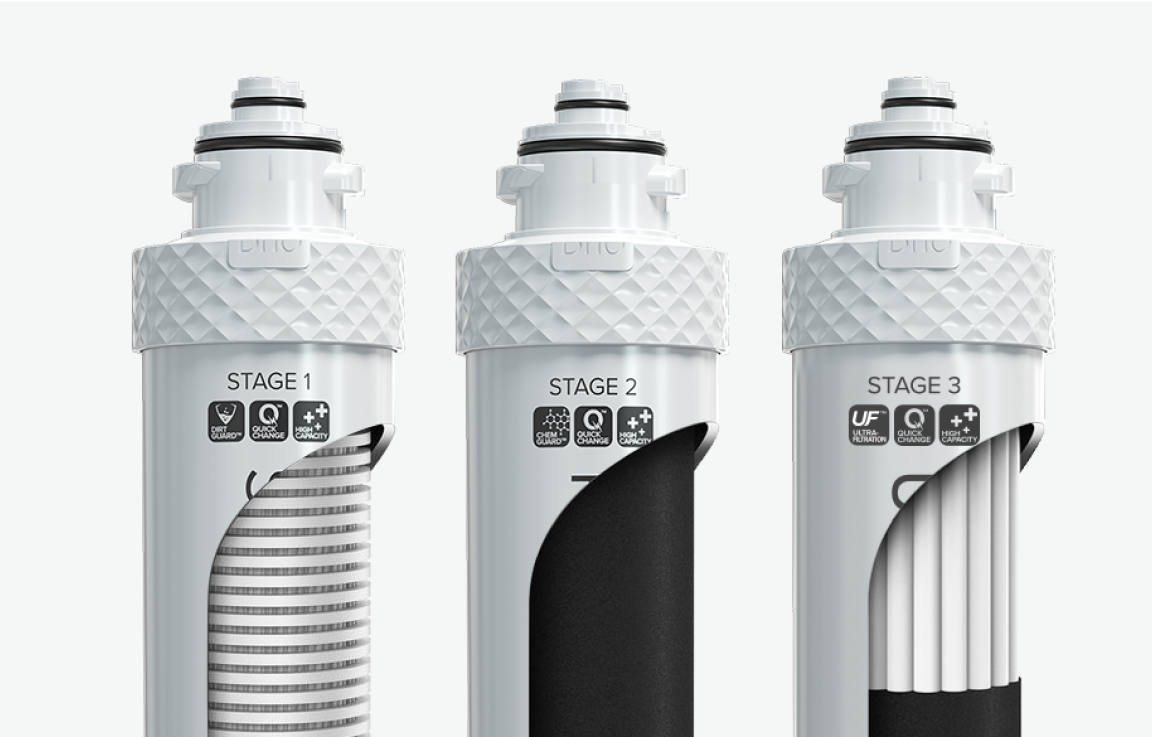 Three Brio water filter cartridges labeled Stage 1, Stage 2, and Stage 3, each with a cutaway view showing internal filter materials, including sediment layers, carbon block, and ultrafiltration membrane.