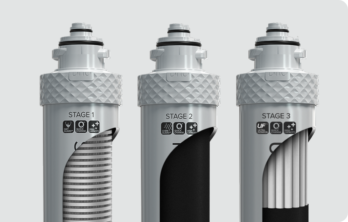 Three cylindrical water filter cartridges labeled Stage 1, Stage 2, and Stage 3 stand side by side. Each cartridge has a textured upper grip and partially exposed internal filter materials.