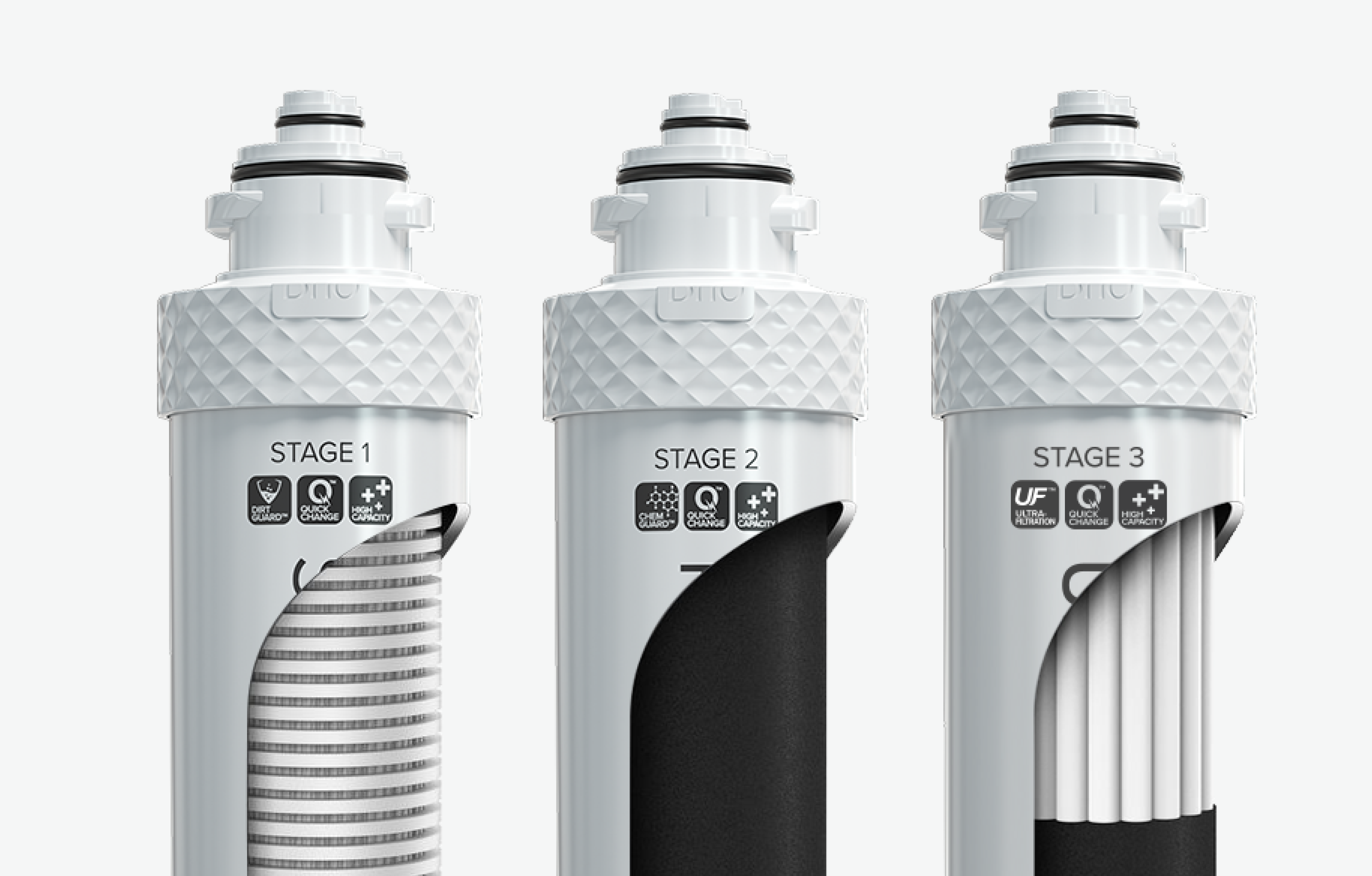 Close-up of Brio 3-stage water filtration cartridges with cutaway views. Stage 1 sediment filter captures dirt and rust, Stage 2 carbon filter reduces chemicals and odors, Stage 3 UF membrane provides ultra-filtration for pure water.