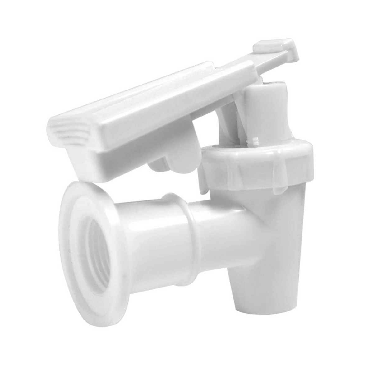 The Water Cooler Replacement Valve With Child Safety Lock, White Base, is a BPA-free food-grade white plastic spigot with a lever handle for safe liquid dispensing from containers or water coolers.