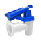 The Water Cooler Replacement Valve With Child Safety Lock features a white BPA-free, food-grade plastic base and a blue upward lever handle, designed for dispensing liquids from containers. It has a threaded connection end for easy installation.