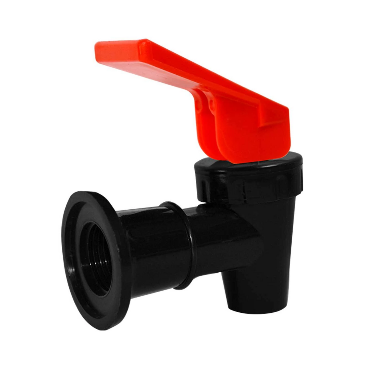 The Replacement Valve for Water Coolers - Multiple Colors is shown here in black food-grade, BPA-free plastic with a wide threaded inlet and a red lever handle in the open position, making it ideal for use with a water dispenser and presented isolated on a white background.