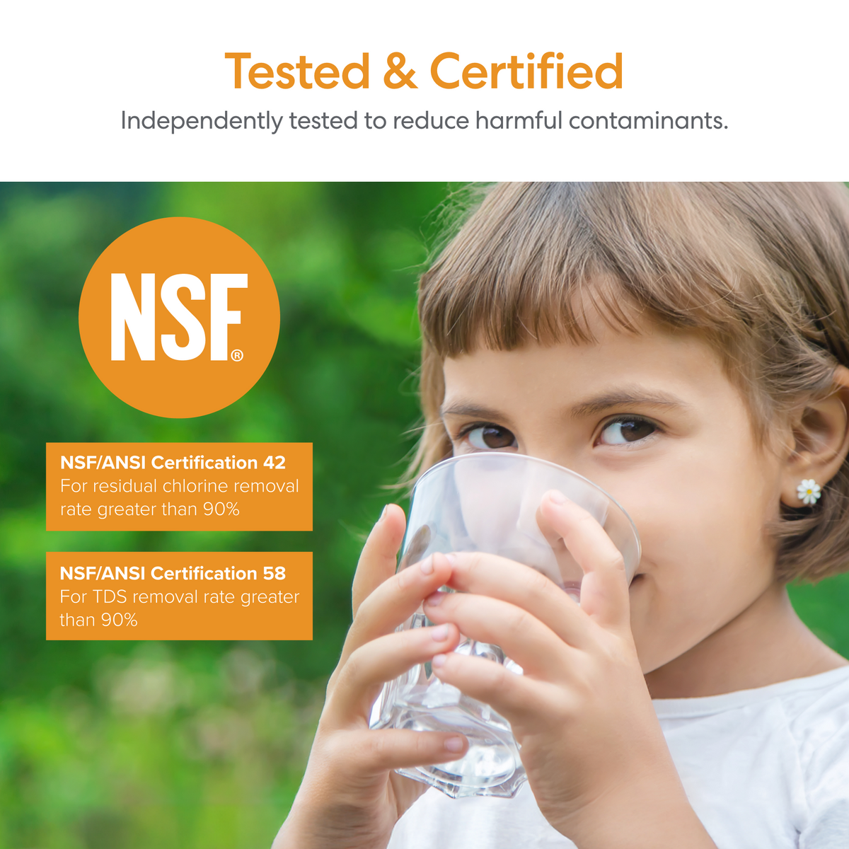 A young girl drinks water from a glass, filtered with the Tankless RO Under Sink Filtration System 600GPD - AQUUS Series. Text highlights NSF/ANSI certifications and removal rates of over 90% for chlorine and TDS. The background is green, with the NSF logo displayed on the left.
