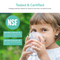Outdoors, a child drinks water from a glass, accompanied by text highlighting that the Tankless RO Under Sink Filtration System 800GPD - AQUUS Series is NSF/ANSI certified, with over 90% removal rates for chlorine and TDS for thoroughly tested and certified advanced water filtration.