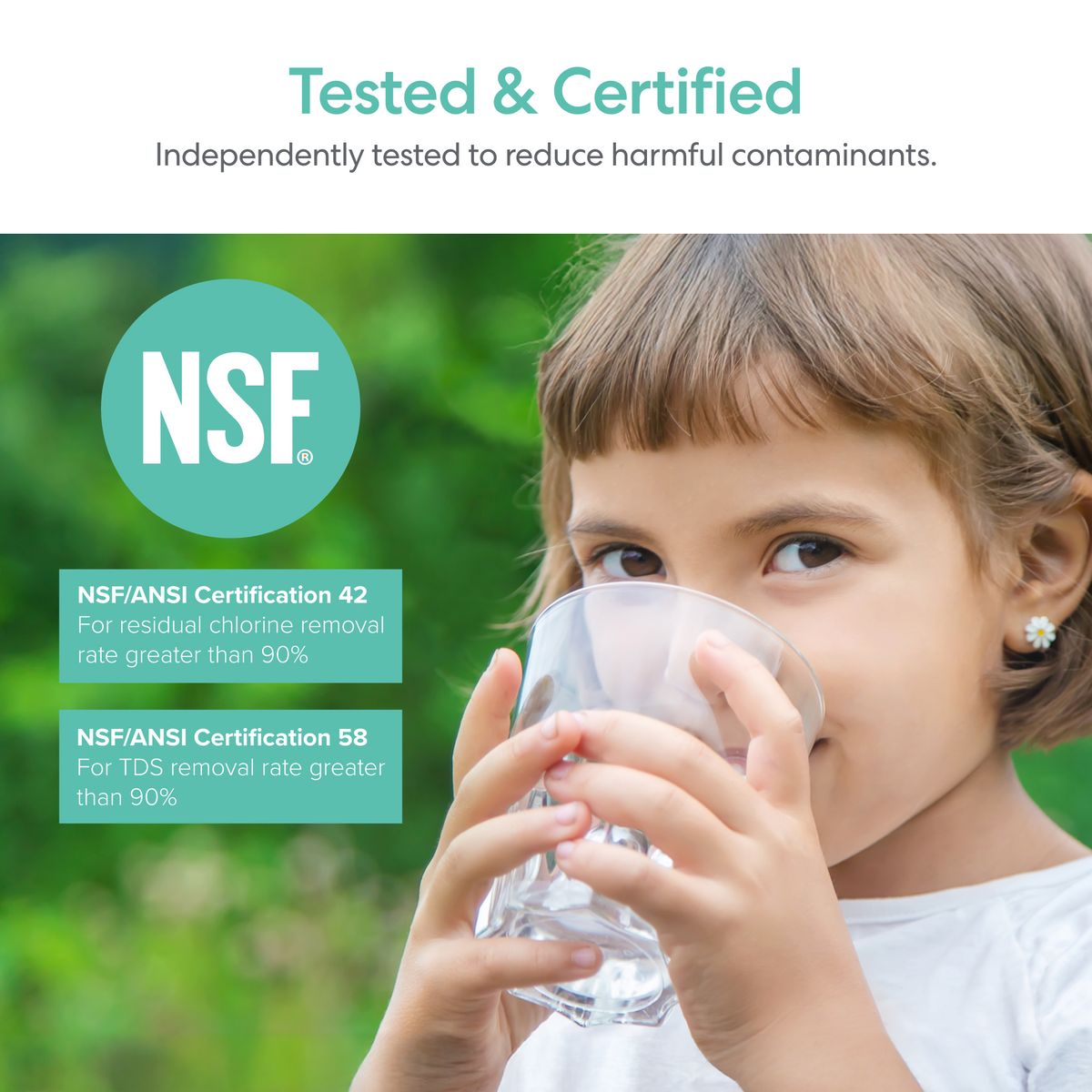 Outdoors, a child drinks water from a glass, accompanied by text highlighting that the Tankless RO Under Sink Filtration System 800GPD - AQUUS Series is NSF/ANSI certified, with over 90% removal rates for chlorine and TDS for thoroughly tested and certified advanced water filtration.