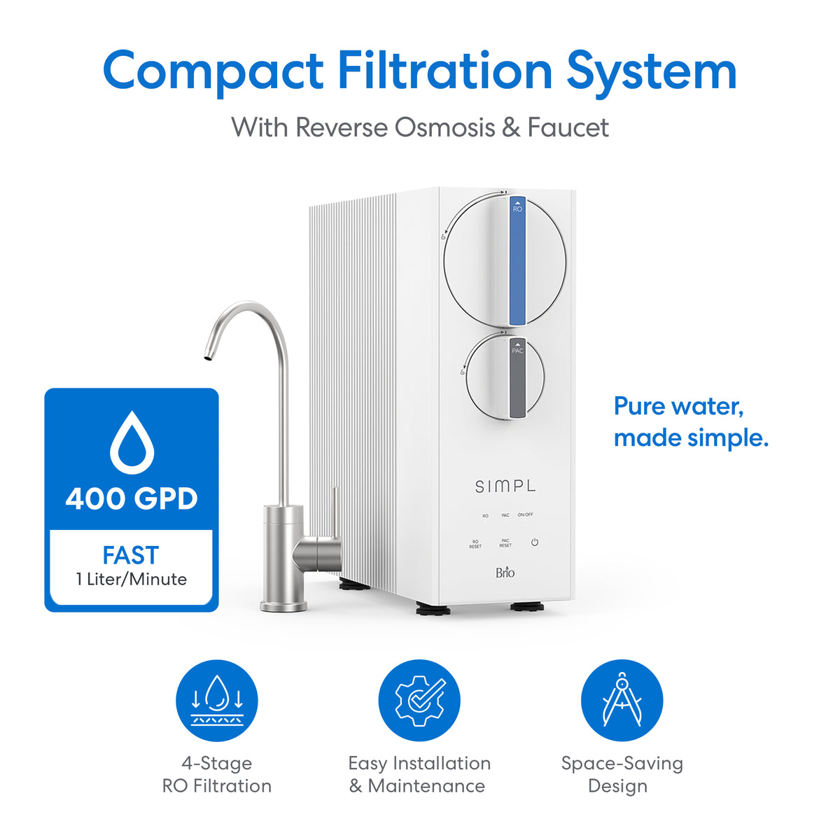 Introducing the SIMPL Series Tankless Reverse Osmosis (RO) Under Sink Filtration System 400GPD—a sleek white system with included faucet. Enjoy pure water made simple with its impressive 400 gallons per day capacity, rapid 1L/minute flow, advanced 4-stage filtration, hassle-free installation, and space-saving tankless design.