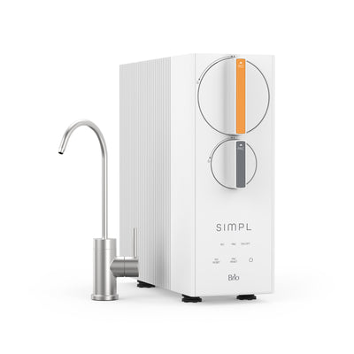The Brio SIMPL Tankless RO Undersink Filtration System 600GPD is a modern white unit with two round control dials, indicator lights, and a sleek metal faucet, capable of delivering up to 600 gallons per day.