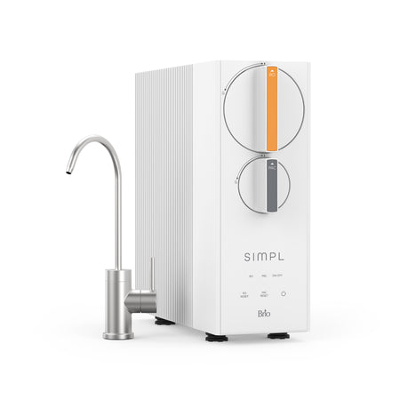 The Brio SIMPL Tankless RO Undersink Filtration System 600GPD is a modern white unit with two round control dials, indicator lights, and a sleek metal faucet, capable of delivering up to 600 gallons per day.