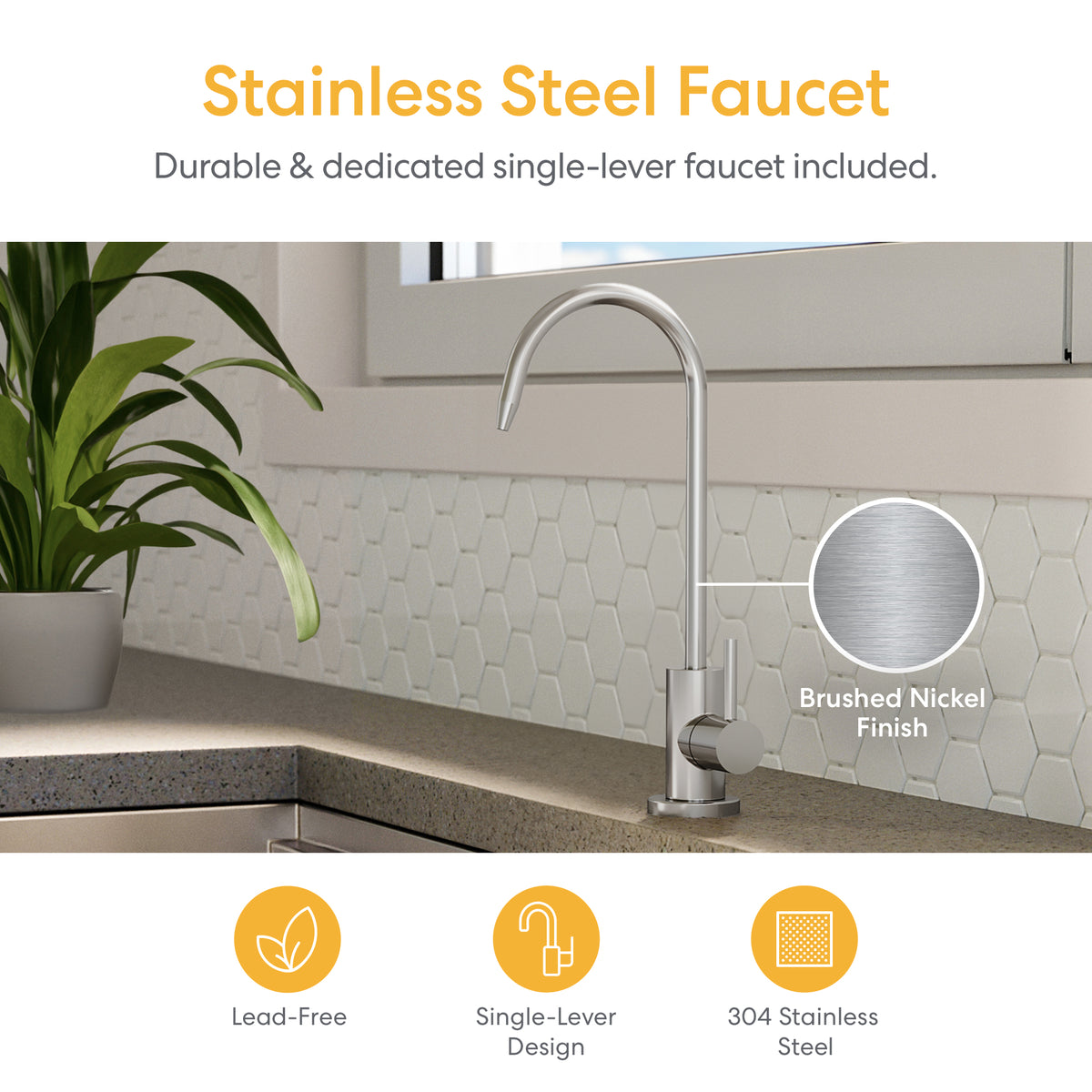 A modern brushed nickel single-lever faucet is installed on a kitchen counter, accompanied by a nearby plant and set against a hexagonal tile backsplash. Beneath are icons showcasing its lead-free, single-lever, and 304 stainless steel qualities. This setup is ideally paired with the Tankless Reverse Osmosis Under Sink Filtration System 600GPD - SIMPL Series for advanced filtration right at your sink.