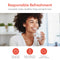 A smiling person with curly hair enjoys water at home, thanks to the SIMPL Series Tankless Reverse Osmosis Under Sink Filtration System 800GPD. Text: Responsible Refreshment—less plastic waste, healthier living, savings. Icons show savings, wellness, and eco-friendliness.