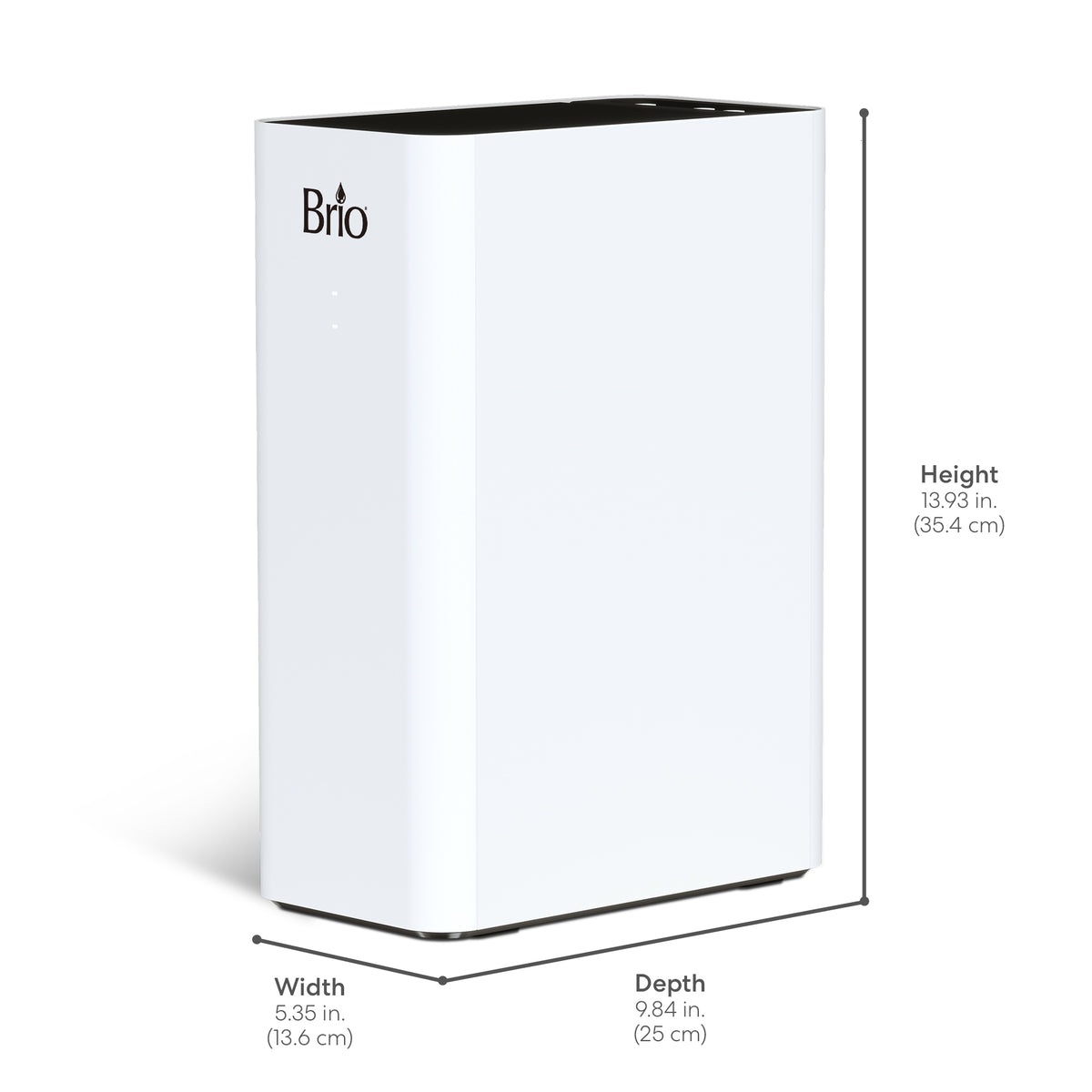 The Ultrafiltration Under Sink Filtration System - Amphora Series is shown in white with labeled dimensions: height 13.93 inches (35.4 cm), width 5.35 inches (13.6 cm), and depth 9.84 inches (25 cm) on a plain white background.