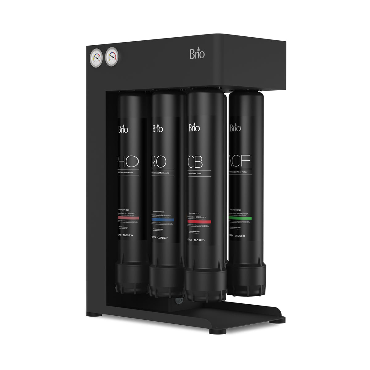 A Brio 1000 Quick Change Reverse Osmosis System in black, featuring a four-stage commercial water filter design with labeled quick-change filter cartridges and two pressure gauges on the upper left corner. The system stands upright with a modern, minimalist appearance.