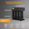 The Brio 500 Quick Change Reverse Osmosis System features a sleek black design with clearly labeled filters, pressure gauges, and text highlighting its durable steel frame, quick-change filters, easy setup, and compact build. Icons display key information such as GPH, maintenance needs, flow rate, and space-saving benefits—making it the perfect commercial water filtration solution.