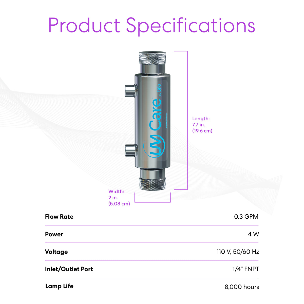 The UV-C Ultraviolet Light - 0.3 GPM is a silver, cylindrical undersink UV purifier (7.7" x 2") providing chemical-free water treatment, with a 0.3 GPM flow rate, 4W power use, and an 8,000-hour lamp life.