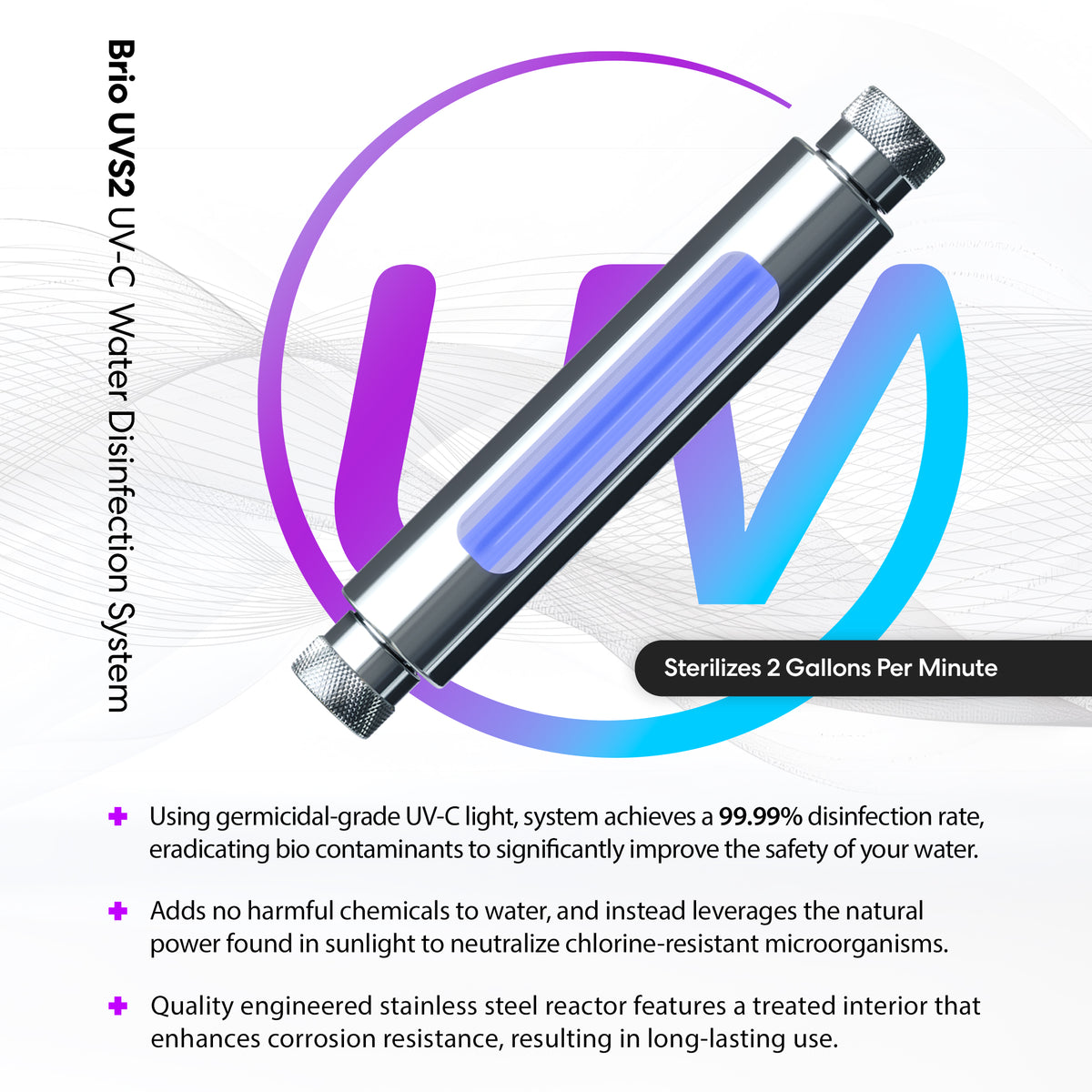 The UV-C Ultraviolet Light - 2 GPM undersink system features a glowing blue light, offers 99.99% disinfection without chemicals, and ensures durable, safe water treatment for enhanced protection.