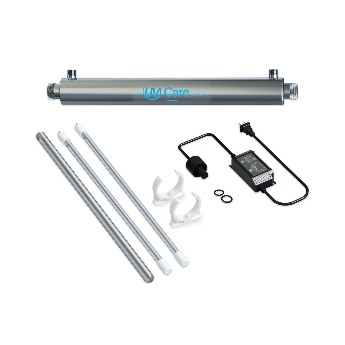 The UV-C Ultraviolet Light - 6 GPM kit features a stainless steel chamber, three UV lamps, and accessories for chemical-free whole house water disinfection, all displayed on a white background.