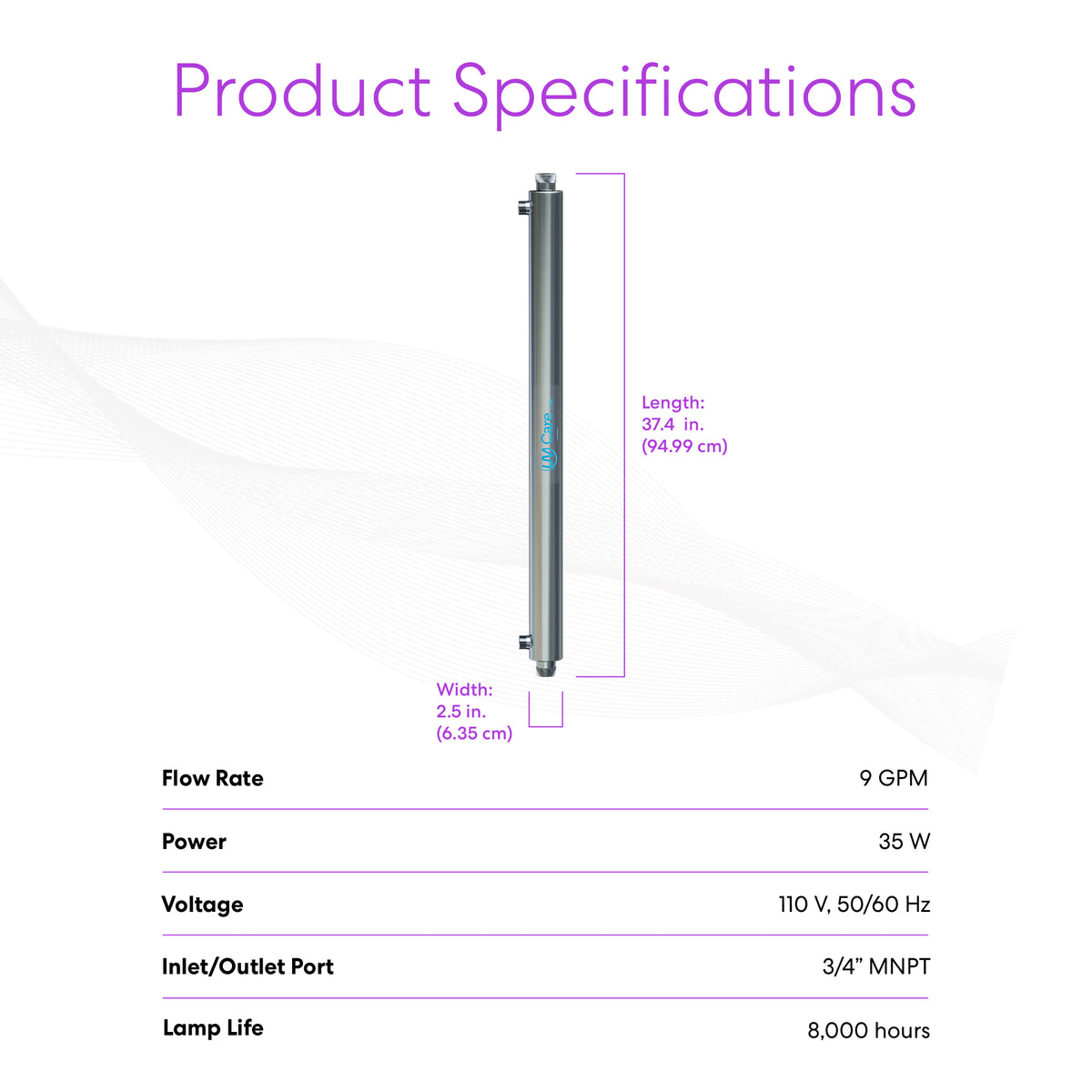 The UV-C Ultraviolet Light - 9 GPM system (37.4"L x 2.5"W, 35W, 110V 50/60Hz, 3/4" MNPT port) treats water chemical-free at up to 9 GPM; lamp life is 8,000 hours—ideal for whole house use.