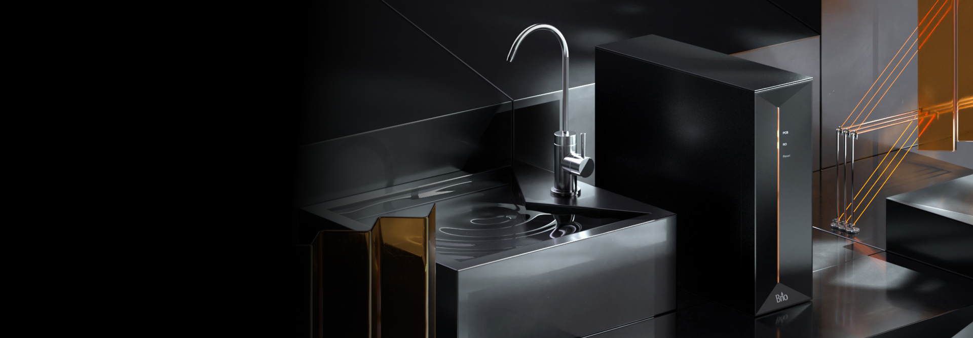 A sleek, modern kitchen sink with a minimalist metal faucet, set beside a black appliance in a stylish, reflective kitchen environment with geometric and orange accents.