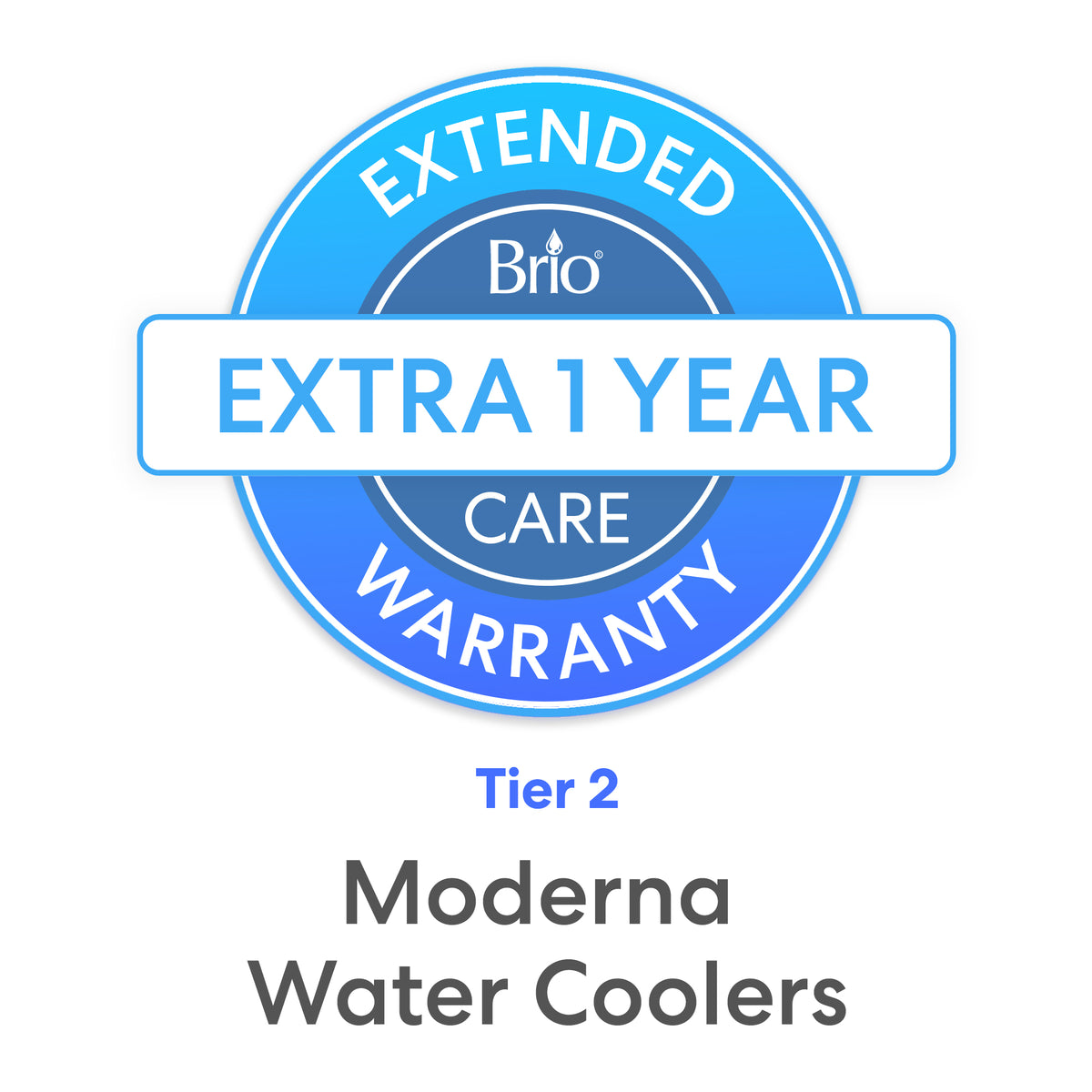 A blue circular badge reads Brio 1-Year Extended Warranty. Below, gray and blue text on white highlights 1-Year Extended Warranty – Moderna Water Coolers coverage.