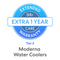 A blue circular badge reads Brio 1-Year Extended Warranty. Below, gray and blue text on white highlights 1-Year Extended Warranty – Moderna Water Coolers coverage.