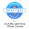 A blue circular badge reads Brio 1-Year Extended Warranty, with a white banner stating Extra 1 Year. Below, text states 1-Year Extended Warranty - Ice, Cafe, Sparkling Water Coolers.