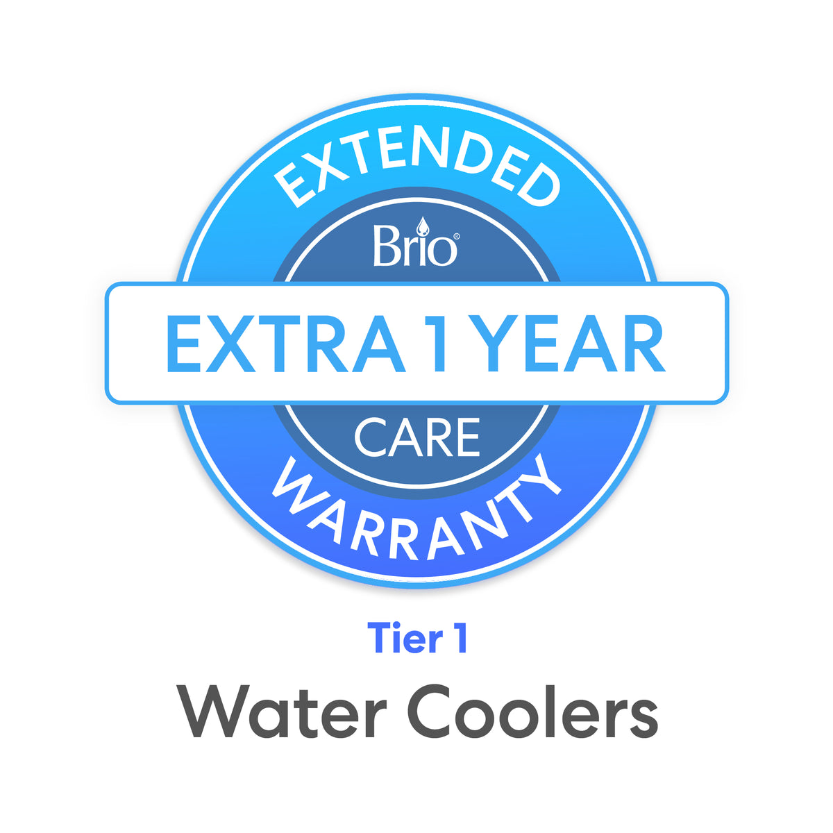 A blue circular badge reads Brio Care with a white banner across the center saying 1-Year Extended Warranty. Below, text reads Water Coolers.