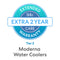 A blue circular badge reads "Brio Extended Care Warranty," highlighting "2-Year Extended Warranty" for Moderna Water Coolers.