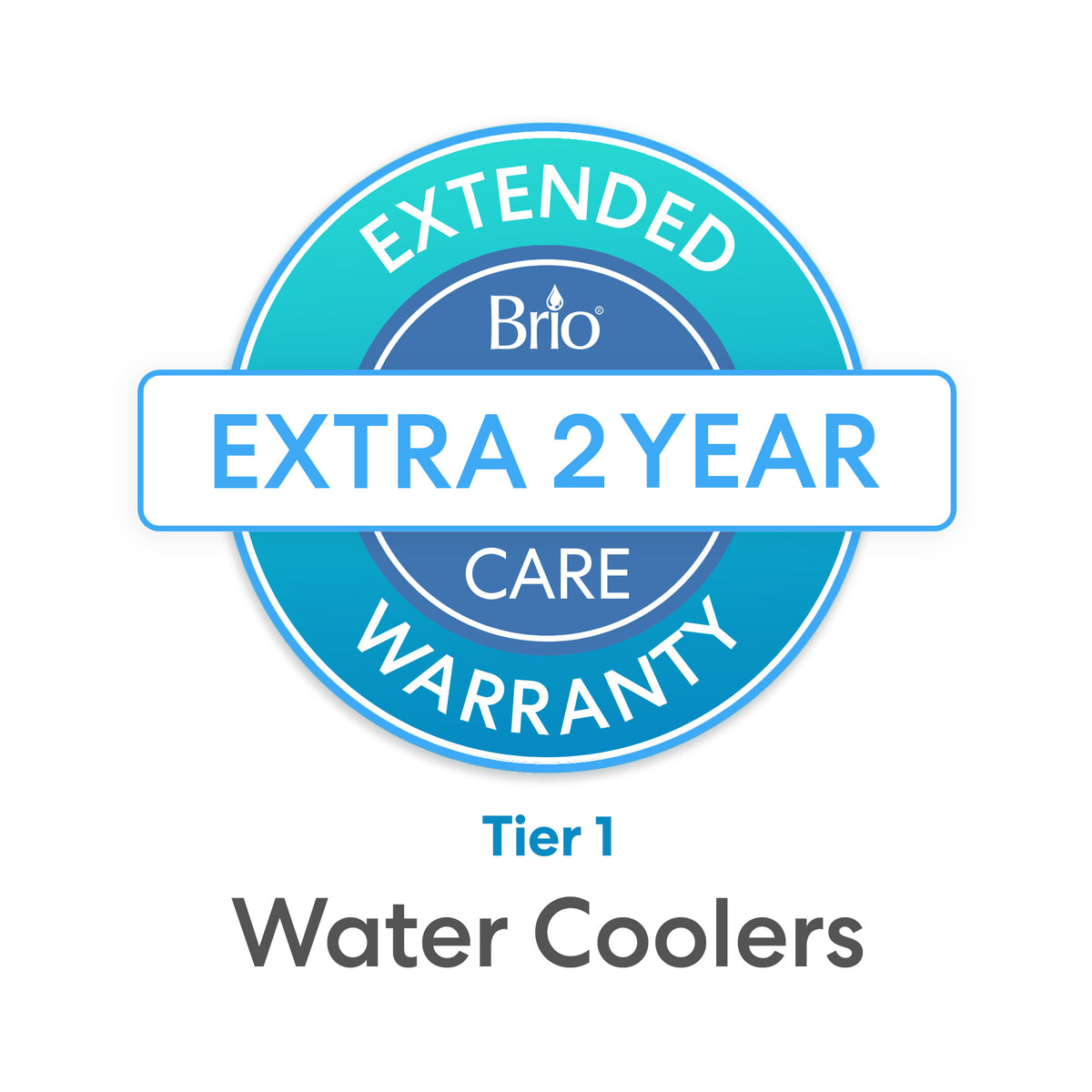 A circular blue badge displays "2-Year Extended Warranty - Water Coolers" in the center. Below, "Tier 1" appears in gray, highlighting premium warranty protection for water coolers.