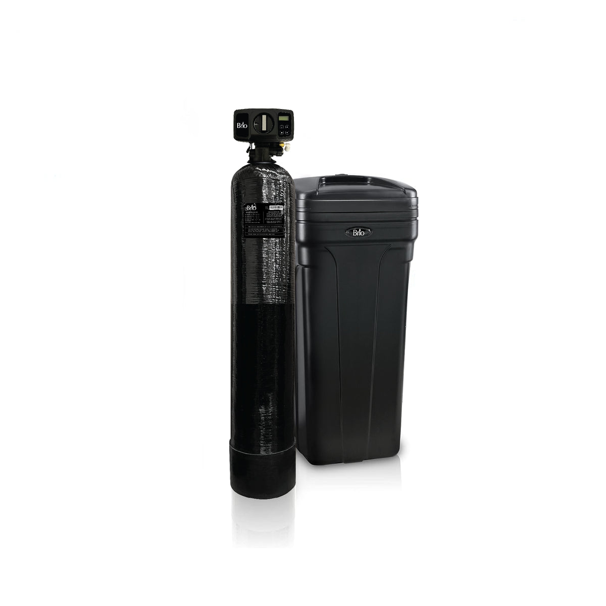 The Whole House Water Softener System for 1-2 bathrooms (24,000 grains) features a black tall cylindrical tank with a digital control head beside a large rectangular brine tank, set against a white background.