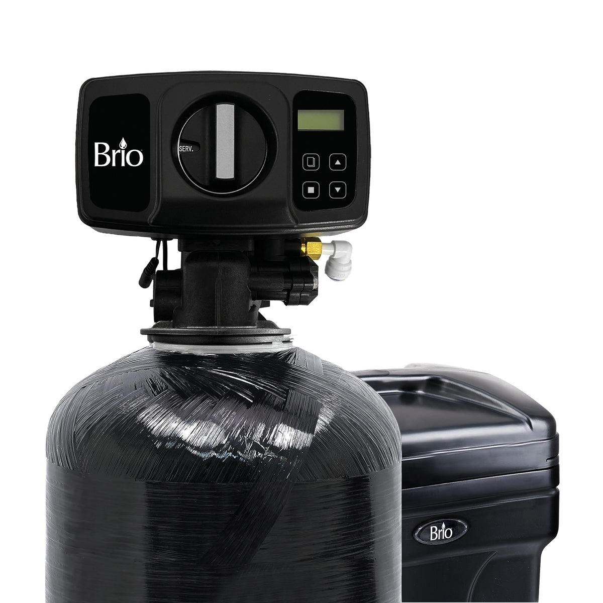 The Whole House Water Softener System - 3-4 Bathrooms - 48,000 Grain features a black tank with a digital control panel and a matching brine tank, offering an ideal solution for whole house water softening.