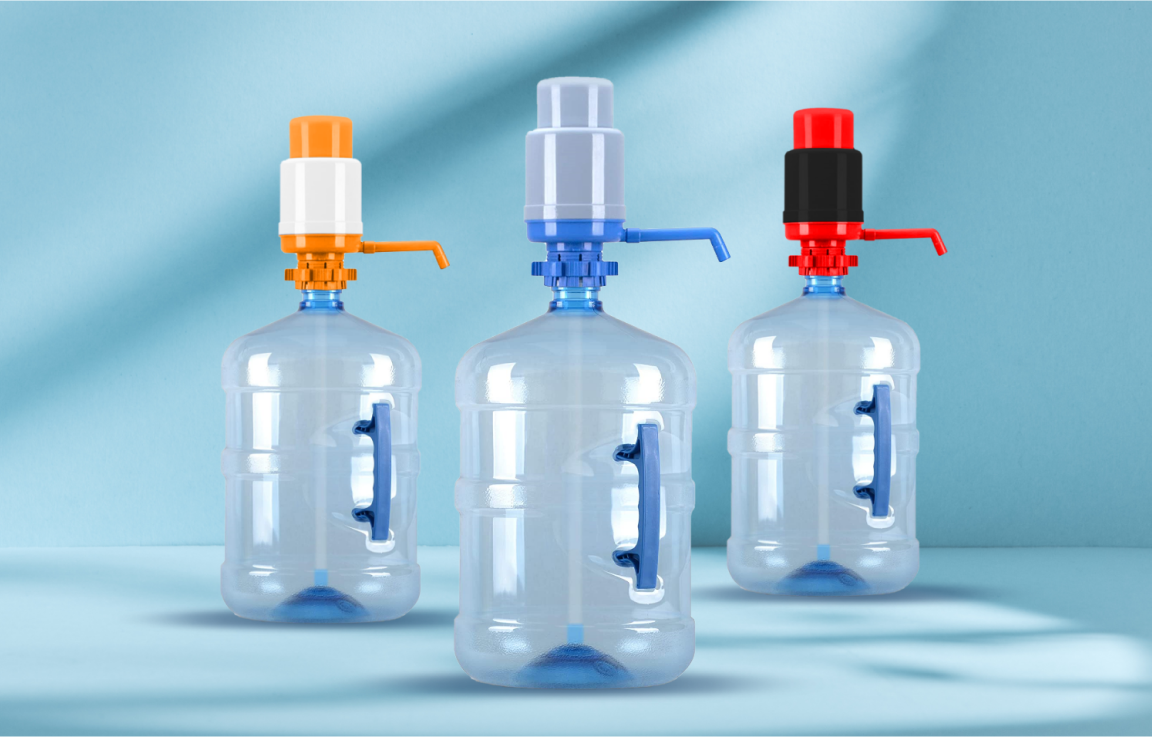 Three large clear water jugs with built-in spigots, each topped with a different colored dispenser—orange and white, blue and white, and red and black—against a light blue background.