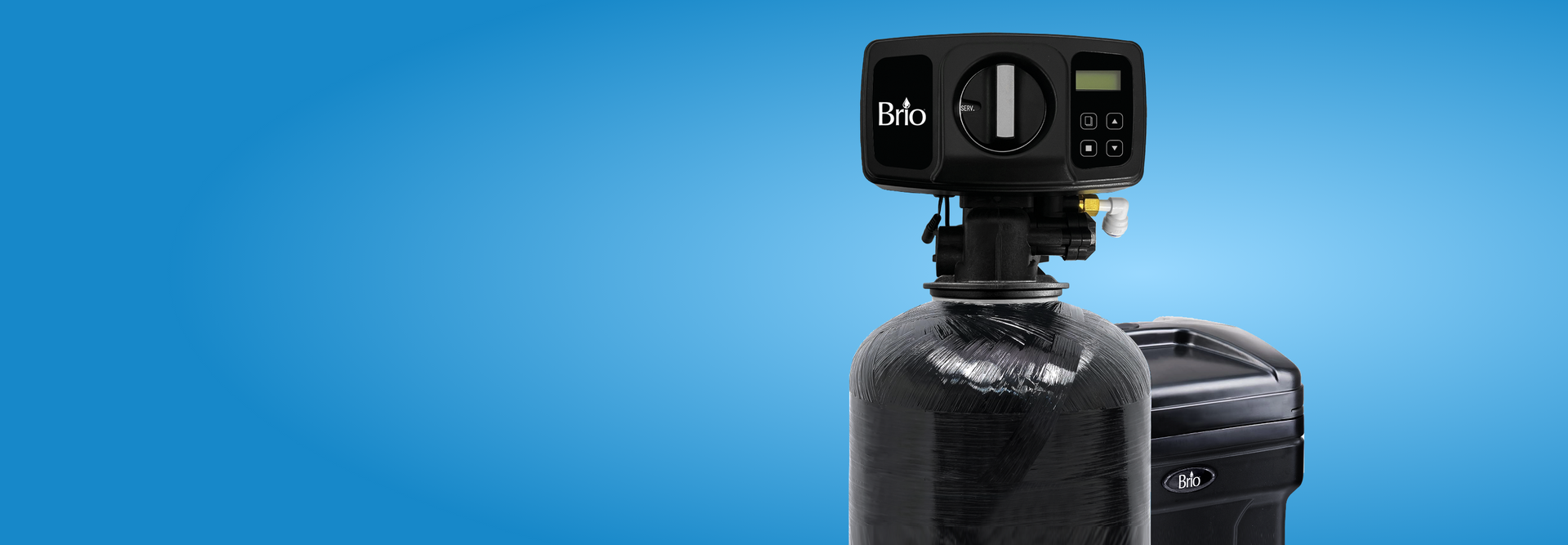 Brio water softener system with digital control valve and black resin tank, designed to reduce hard water scale and protect plumbing.