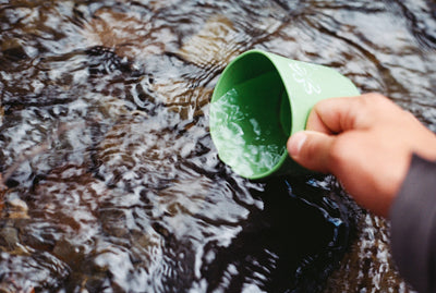 Close-up of a hand holding a green plastic cup, scooping water from a flowing stream.