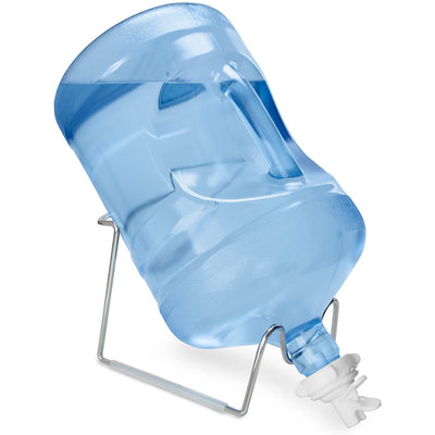 The Brio Metal-Plated Water Bottle Stand holds a large blue jug (3- or 5-gallon), positioned at an angle. The jug is mostly full and features a built-in handle for easy carrying.