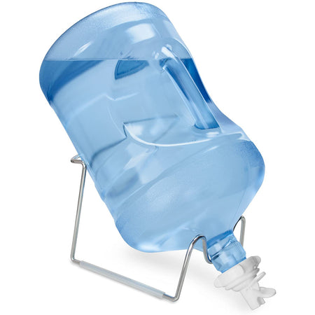 The Brio Metal-Plated Water Bottle Stand holds a large blue jug (3- or 5-gallon), positioned at an angle. The jug is mostly full and features a built-in handle for easy carrying.