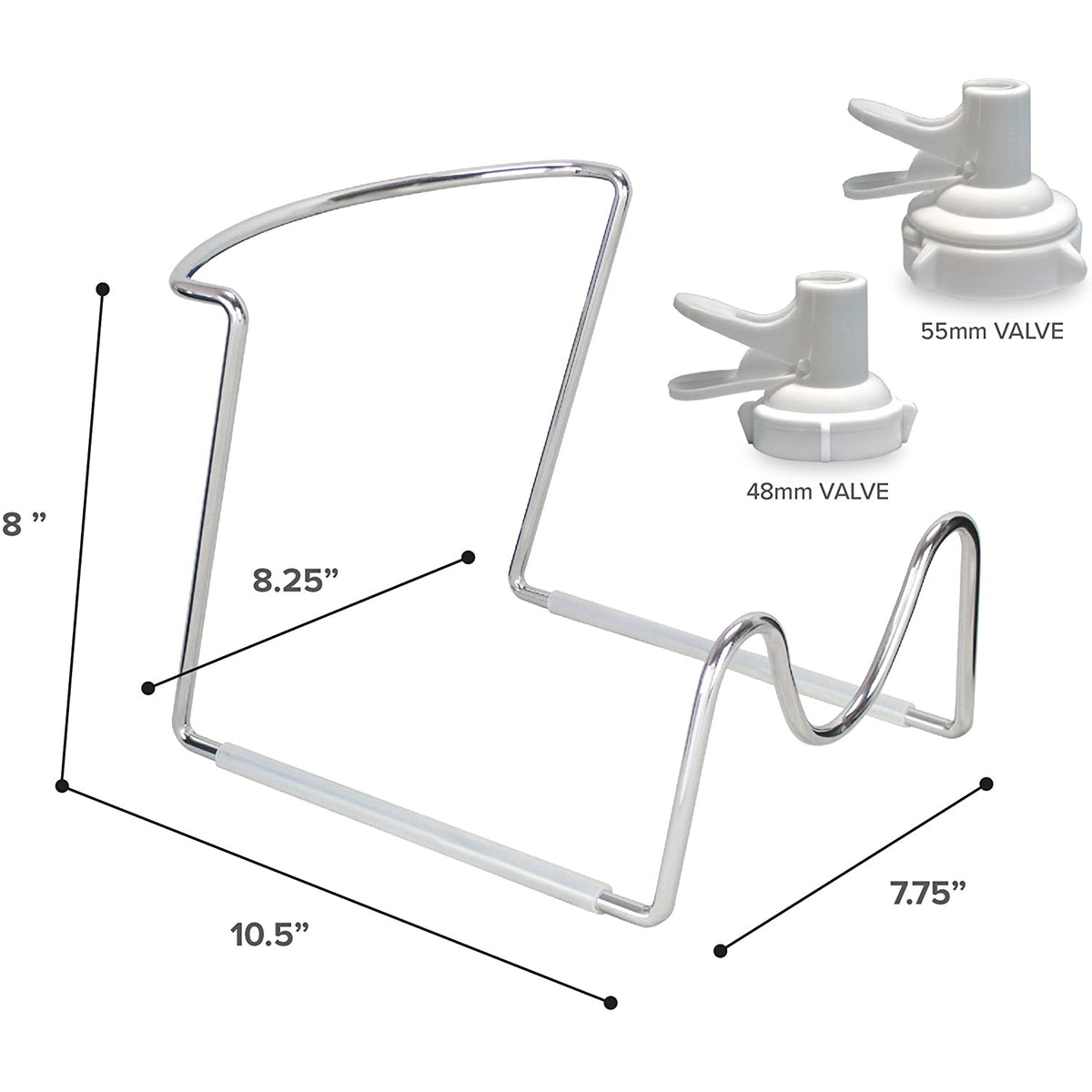 The Metal-Plated Water Bottle Stand fits 5-gallon bottles and measures 8"H x 10.5"D x 7.75"W. Inset image displays two eco-friendly water jug valve types: 55mm and 48mm.