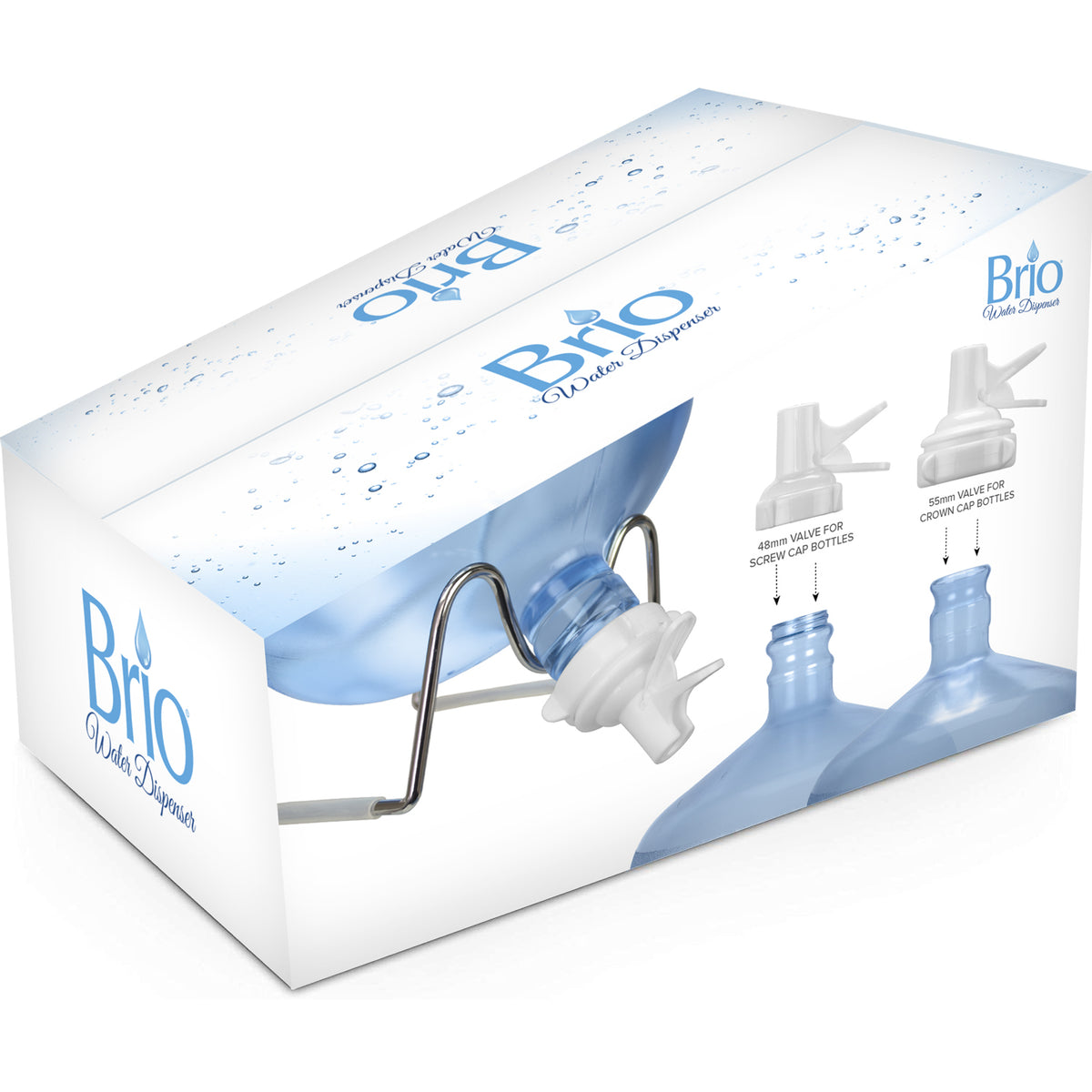 Box of Metal-Plated Water Bottle Stand featuring a blue water jug, eco-friendly metal stand, spigot use instructions for various 5-gallon bottles, and visible Brio logo with water droplet graphics.