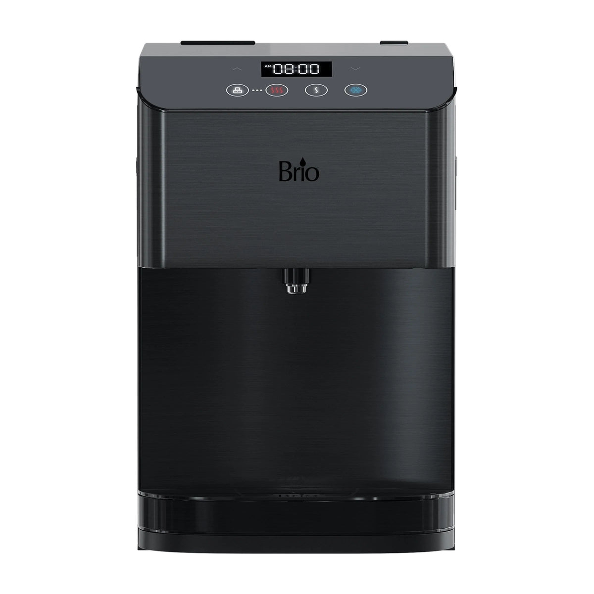 Experience convenient hydration with the 3-Stage Black Stainless Filtered Countertop Water Cooler - Moderna Series. This sleek black stainless steel bottleless cooler features a modern digital display and three intuitive buttons for dispensing hot, cold, or room-temperature water. Equipped with a spout and bottom drip tray, it offers easy access to pure, refreshing water backed by advanced 3-stage filtration technology.