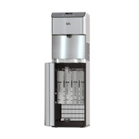 The Brio Moderna 4-Stage Reverse Osmosis Bottleless Water Cooler is shown with its stainless steel front door open, revealing four vertical internal water filters and a dispensing area above.