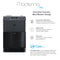 The 3-Stage Black Stainless Filtered Countertop Water Cooler – Moderna Series offers temperature adjustment, a digital clock, and a child lock. Text on the right showcases these features along with advanced 3-stage filtration and UV CARE technology, which automatically disinfects water for enhanced safety. Displayed on a white background.