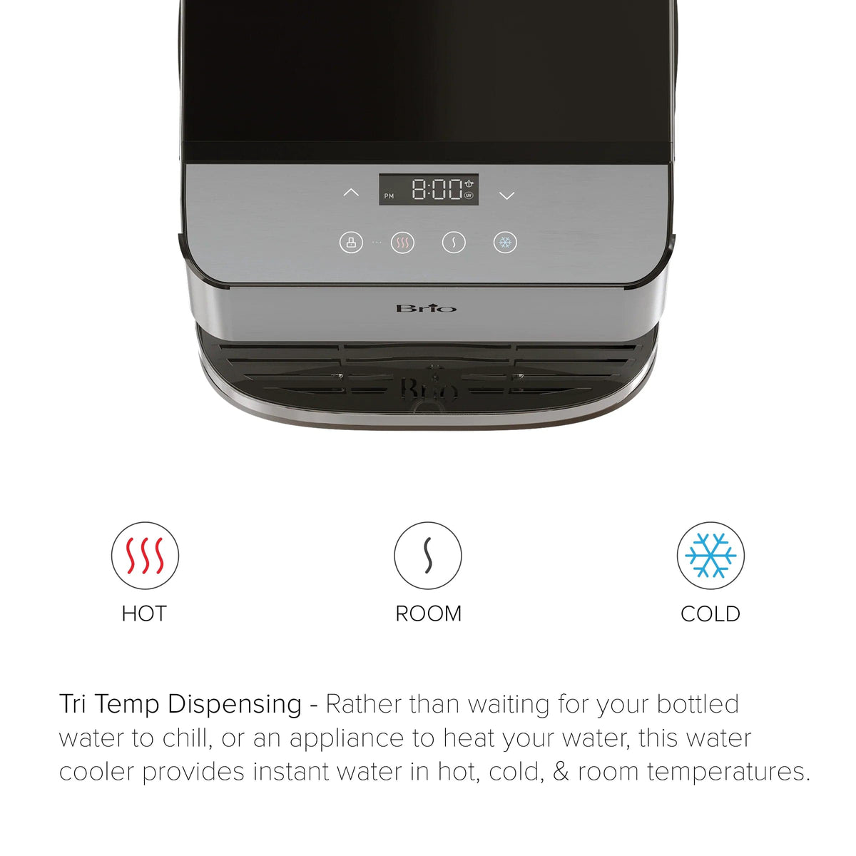 Top view of the Moderna 720 Stainless Steel Bottleless Countertop Water Dispenser display panel with digital controls, featuring icons for hot, room, and cold water. Text below highlights its space-saving design that delivers instant water at three temperatures and includes a 3-stage filtration system for pure refreshment.