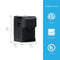 3-Stage Black Stainless Filtered Countertop Water Cooler - Moderna Series, featuring a black finish and 3-stage filtration, dispenses both water and ice. Dimensions are clearly labeled: height 19.3″ (49 cm), depth 18.5″ (46.9 cm), width 12.5″ (31.7 cm). This bottleless water cooler is ETL, Energy Star, and UL certified. Blue background on the right.