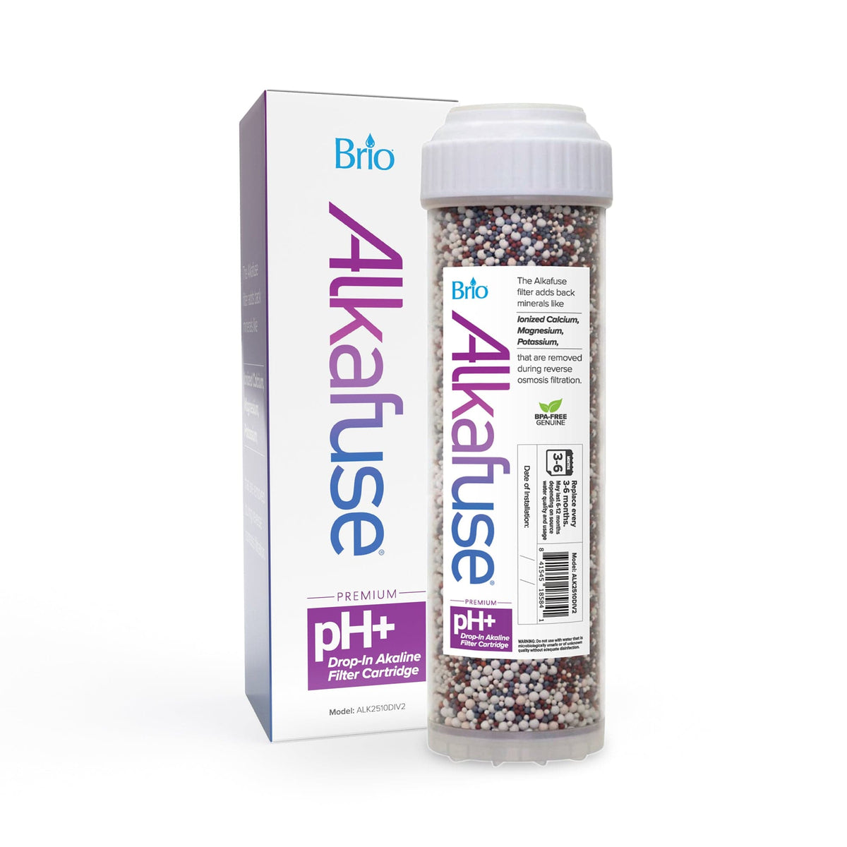 An Alkafuse Drop-In Alkaline Filter, 20,000 L, 2.5" x 10", for mineralized water, is displayed beside its packaging with multicolored filter beads and a label detailing the product.