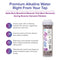 Infographic of Alkafuse Drop-In Alkaline Filter (20,000 L, 2.5" x 10") shows benefits: adds minerals, raises pH, enhances taste, and cuts bottled water use—highlighting premium alkaline water straight from your tap.