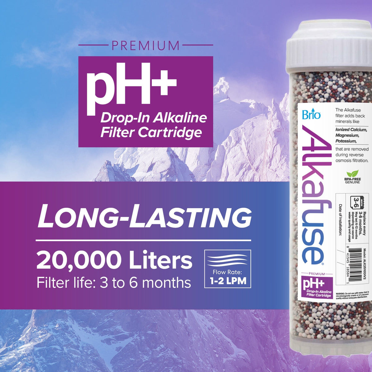 The Alkafuse Drop-In Alkaline Filter, 20,000 L, 2.5" x 10" label shows a mountain background and highlights features like long-lasting use, up to 20,000L capacity, 3-6 month filter life, and a flow rate of 1-2 LPM for mineralized water.
