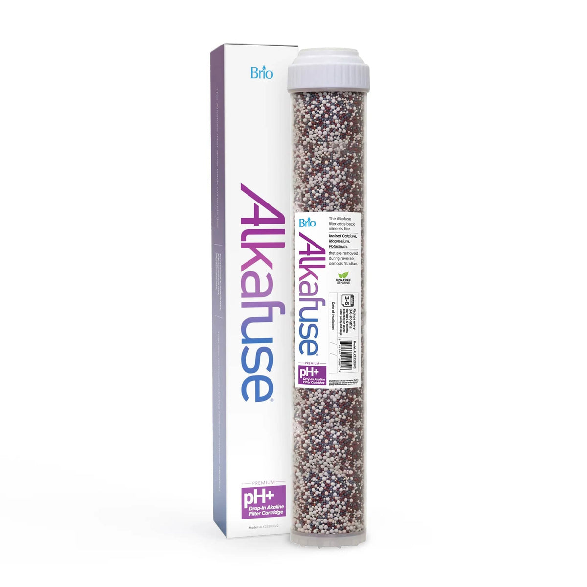 The Alkafuse Drop-In Alkaline Filter, 50,000 L, 2.5" X 20" is shown upright beside its white and purple box. Visible layers of granules inside the clear casing enrich water with minerals for a refreshing taste.