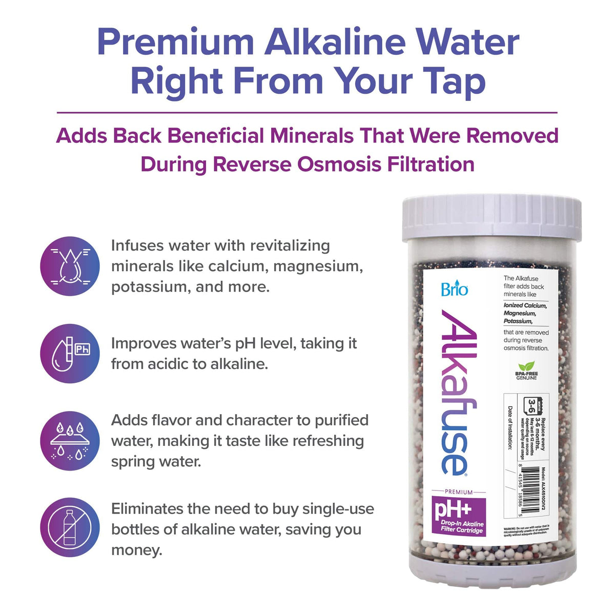 Infographic for Alkafuse Drop-In Alkaline Filter, 70,000 L, 4.5" x 10" shows how it mineralizes water, balances pH, improves taste, and cuts bottle waste. Image features the filter cartridge with icons representing each benefit.